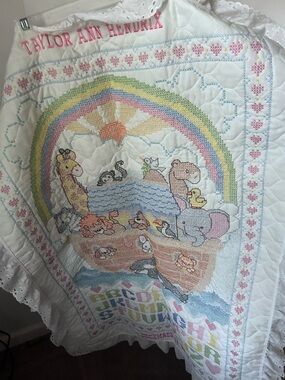 Hand Crafted White Rainbow Noah's Ark Embroidered Baby Quilt